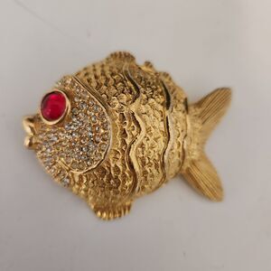 Funky Fish Pin Bright Gold Red Rhinestone SPARKLES Lg Brooch VTG Costume Jewelry